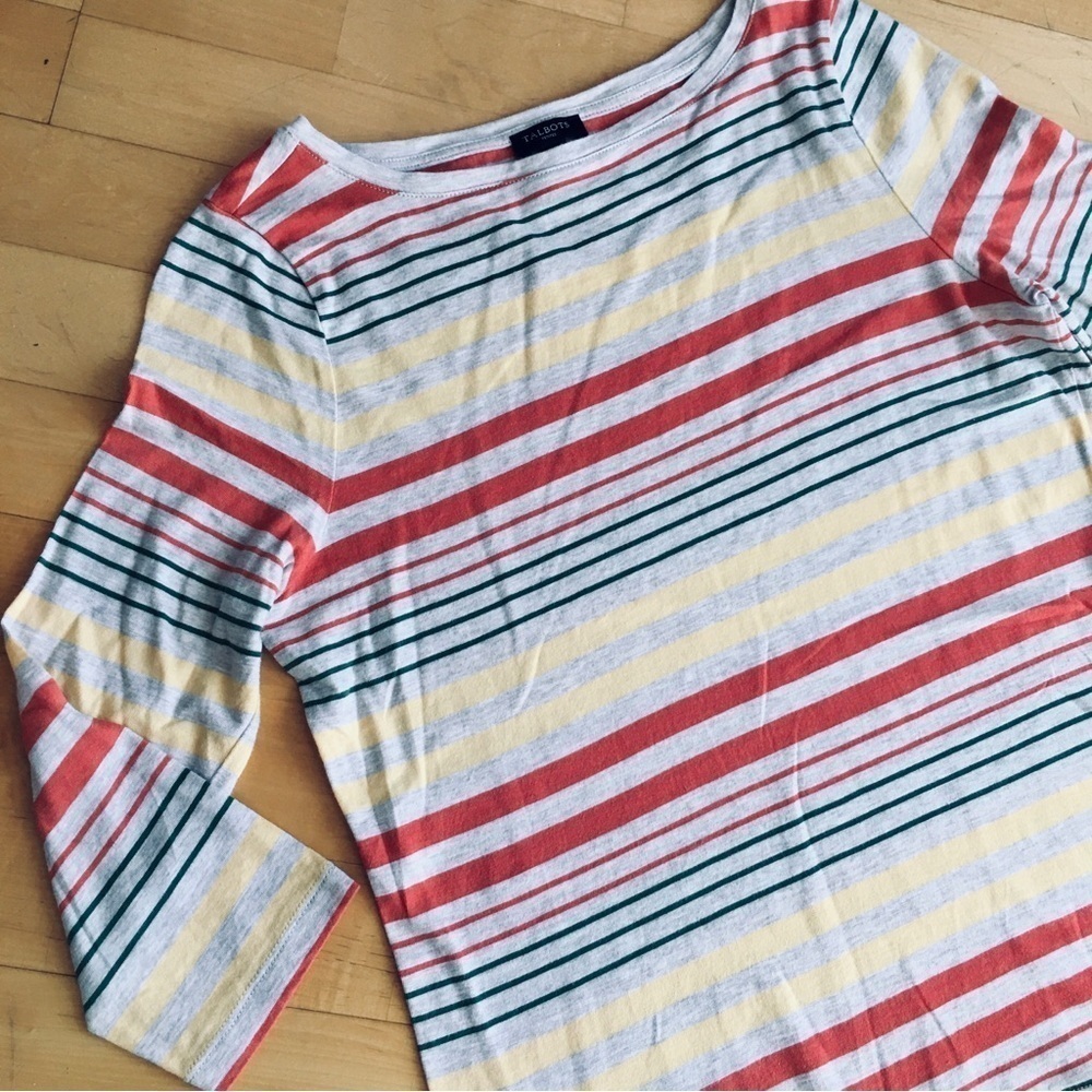 Talbots Oatmeal Heather Striped Three Quarter Sleeve Tee Size MP